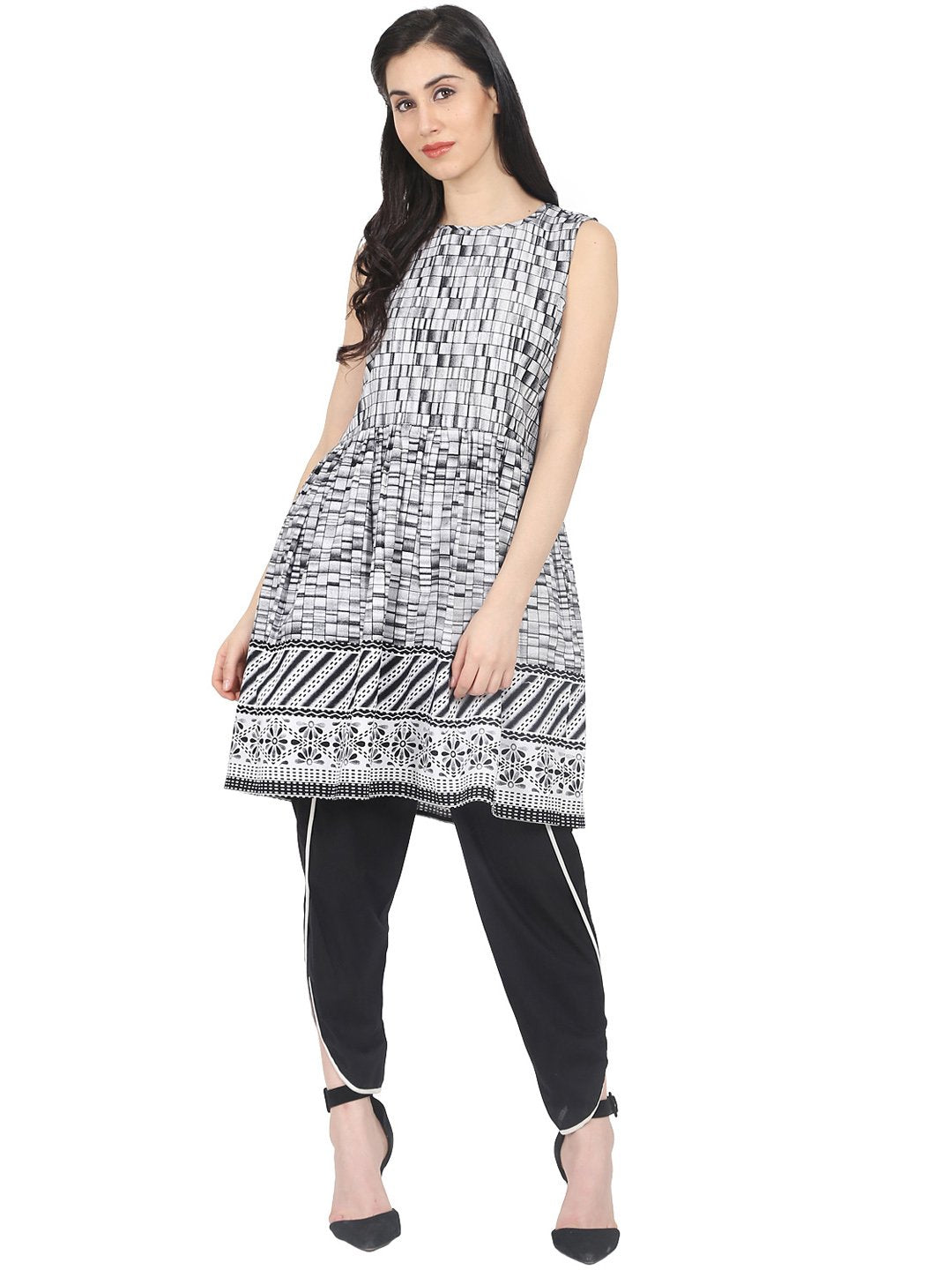 Women Grey Checked A-Line Kurta | LASVINI - Redefining Indian Fashion with Elegance