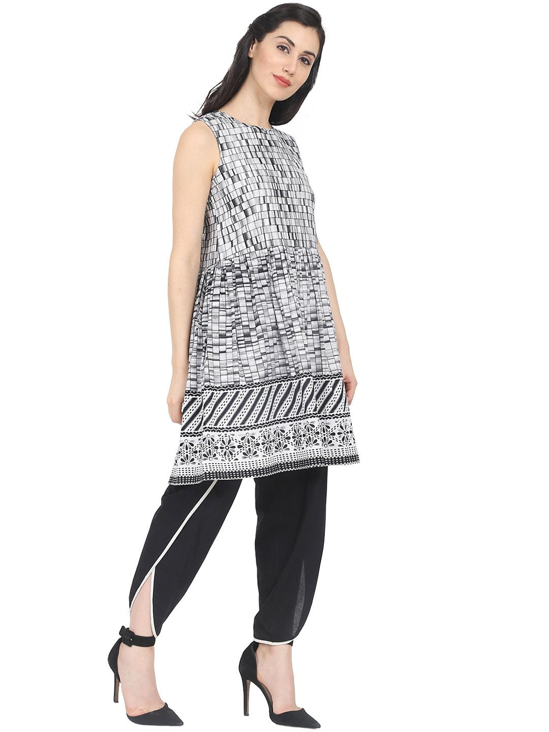Women Grey Checked A-Line Kurta | LASVINI - Redefining Indian Fashion with Elegance