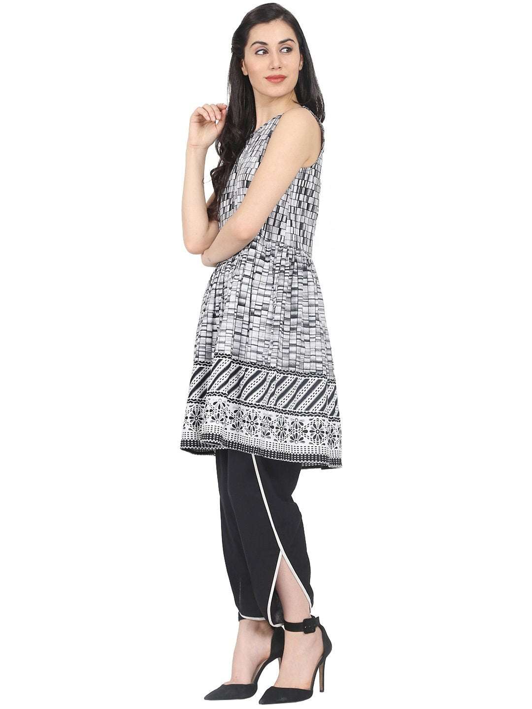 Women Grey Checked A-Line Kurta | LASVINI - Redefining Indian Fashion with Elegance
