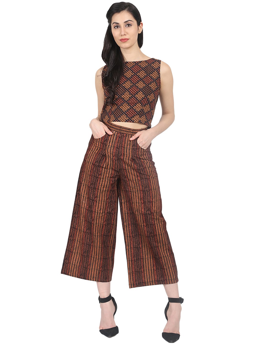 Brown Check Sleeveless Crop Top With Striped Calf Length Flared Palazzo | LASVINI - Redefining Indian Fashion with Elegance