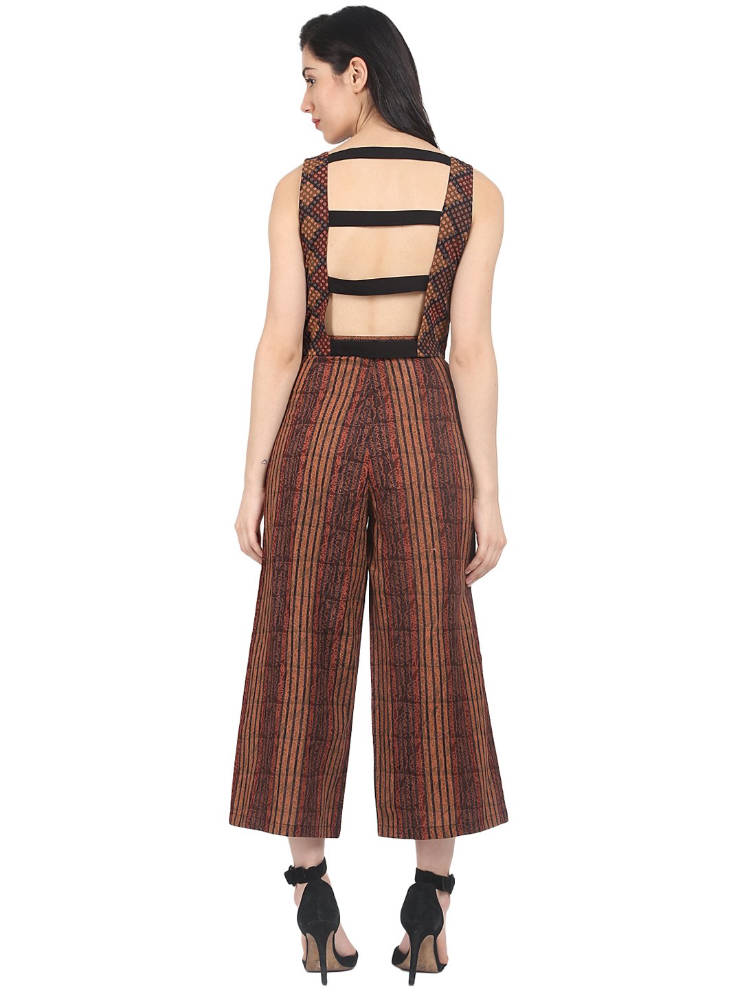 Brown Check Sleeveless Crop Top With Striped Calf Length Flared Palazzo | LASVINI - Redefining Indian Fashion with Elegance