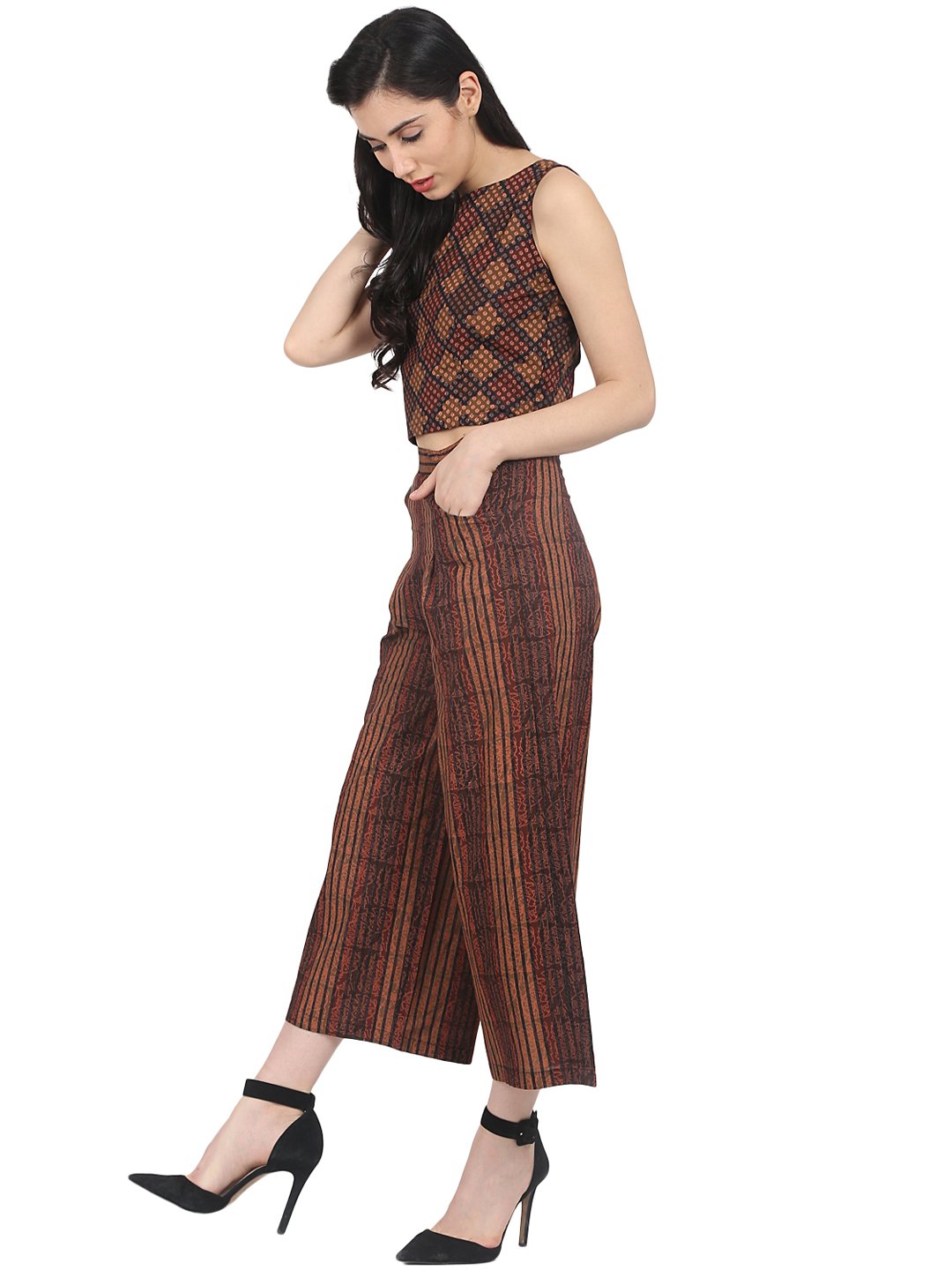 Brown Check Sleeveless Crop Top With Striped Calf Length Flared Palazzo | LASVINI - Redefining Indian Fashion with Elegance