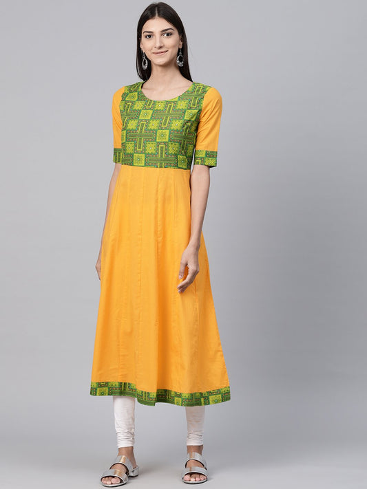 Yellow Half Sleeve Cotton A-Line Kurta With Printed Yoke | LASVINI - Redefining Indian Fashion with Elegance