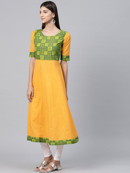 Yellow Half Sleeve Cotton A-Line Kurta With Printed Yoke | LASVINI - Redefining Indian Fashion with Elegance