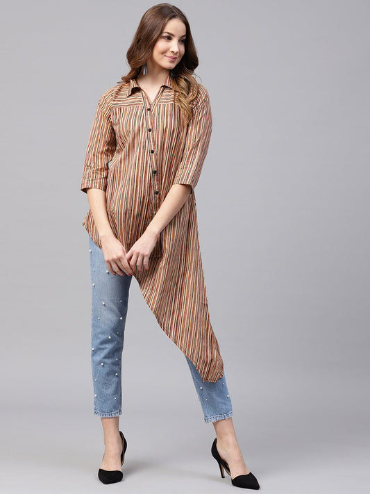 Beige Striped 3/4Th Sleeve Cotton Assymetric Tunic | LASVINI - Redefining Indian Fashion with Elegance
