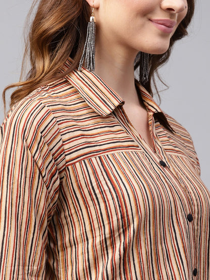 Beige Striped 3/4Th Sleeve Cotton Assymetric Tunic | LASVINI - Redefining Indian Fashion with Elegance