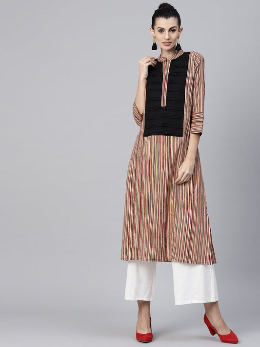 Beige Striped 3/4Th Sleeve Cotton Kurta | LASVINI - Redefining Indian Fashion with Elegance