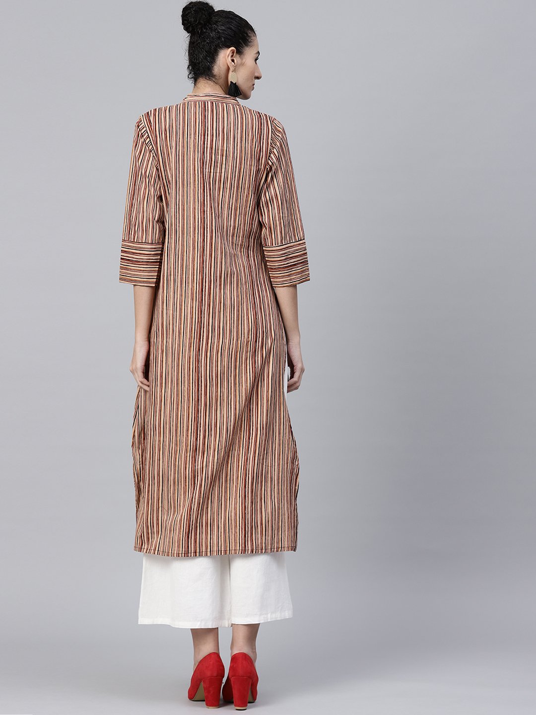 Beige Striped 3/4Th Sleeve Cotton Kurta | LASVINI - Redefining Indian Fashion with Elegance
