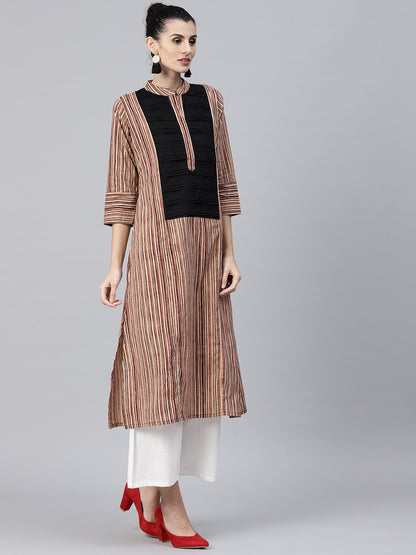 Beige Striped 3/4Th Sleeve Cotton Kurta | LASVINI - Redefining Indian Fashion with Elegance