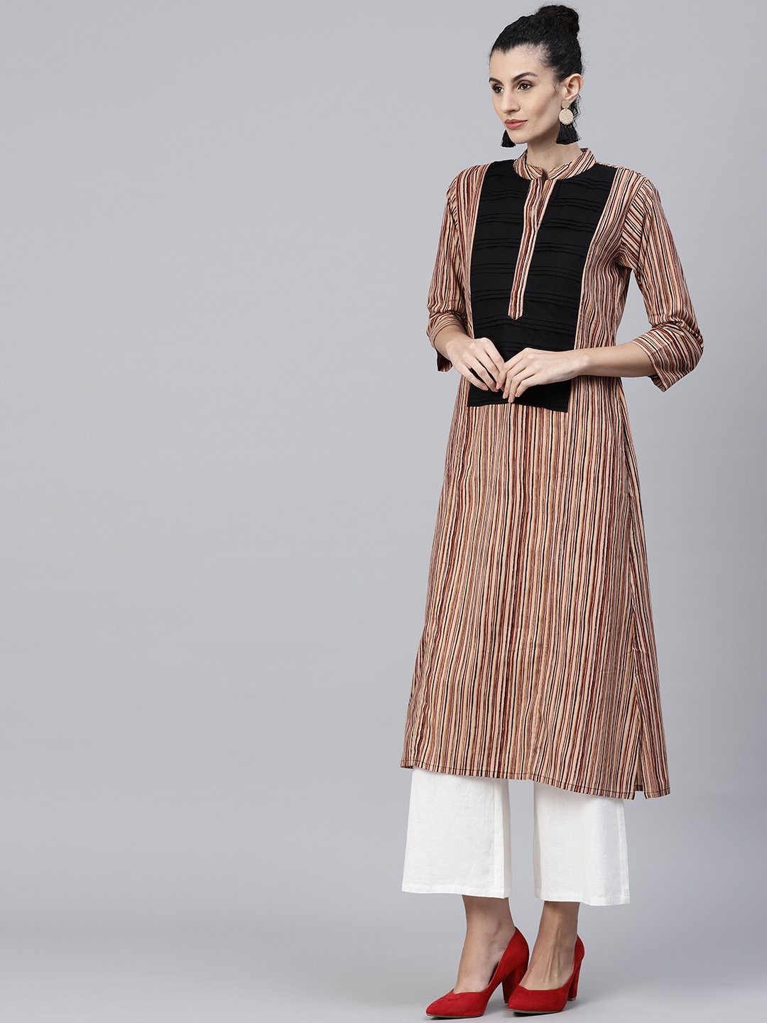 Beige Striped 3/4Th Sleeve Cotton Kurta | LASVINI - Redefining Indian Fashion with Elegance