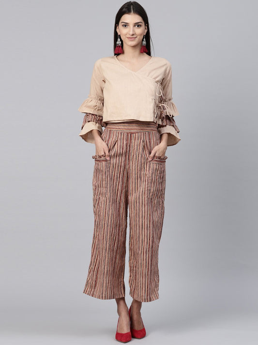 Beige 3/4Th Sleeve Cotton Tops With Beige Striped Palazzo With Double Pocket | LASVINI - Redefining Indian Fashion with Elegance
