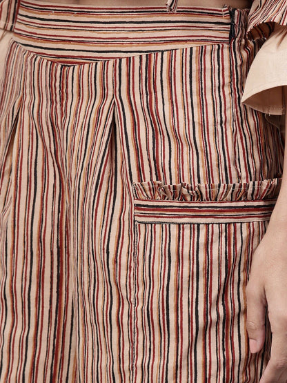 Beige 3/4Th Sleeve Cotton Tops With Beige Striped Palazzo With Double Pocket | LASVINI - Redefining Indian Fashion with Elegance
