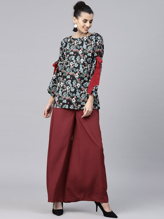 Black & Blue Printed Full Sleeve Crepe Tops With Red Palazzo | LASVINI - Redefining Indian Fashion with Elegance
