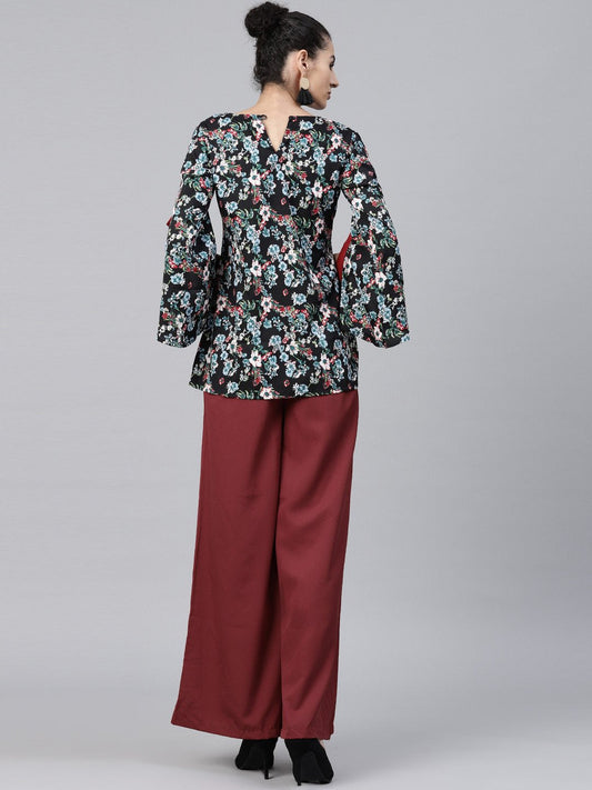 Black & Blue Printed Full Sleeve Crepe Tops With Red Palazzo | LASVINI - Redefining Indian Fashion with Elegance