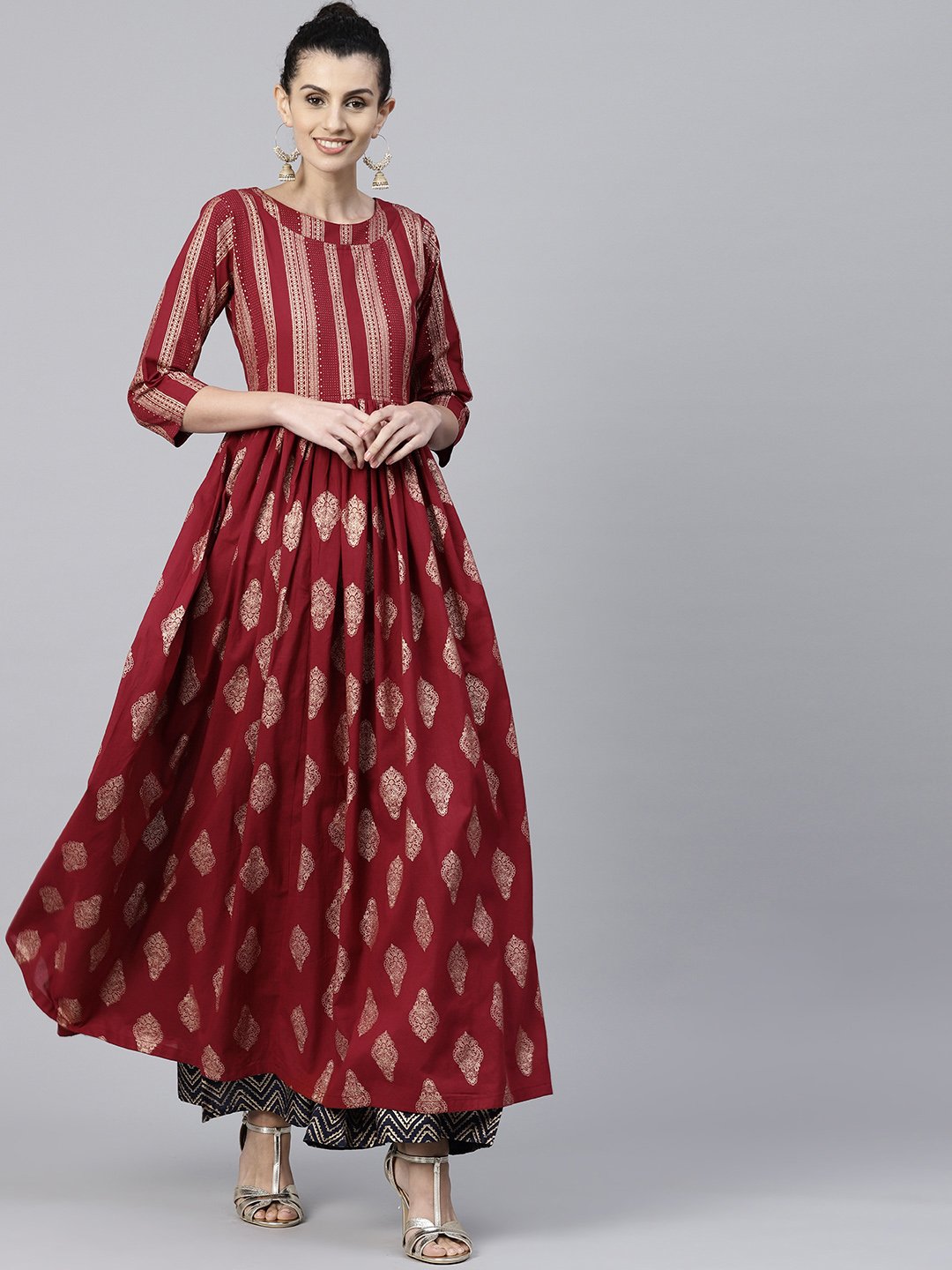 Red Printed 3/4Th Sleeve Cotton Floor Length Anarkali Kurta | LASVINI - Redefining Indian Fashion with Elegance