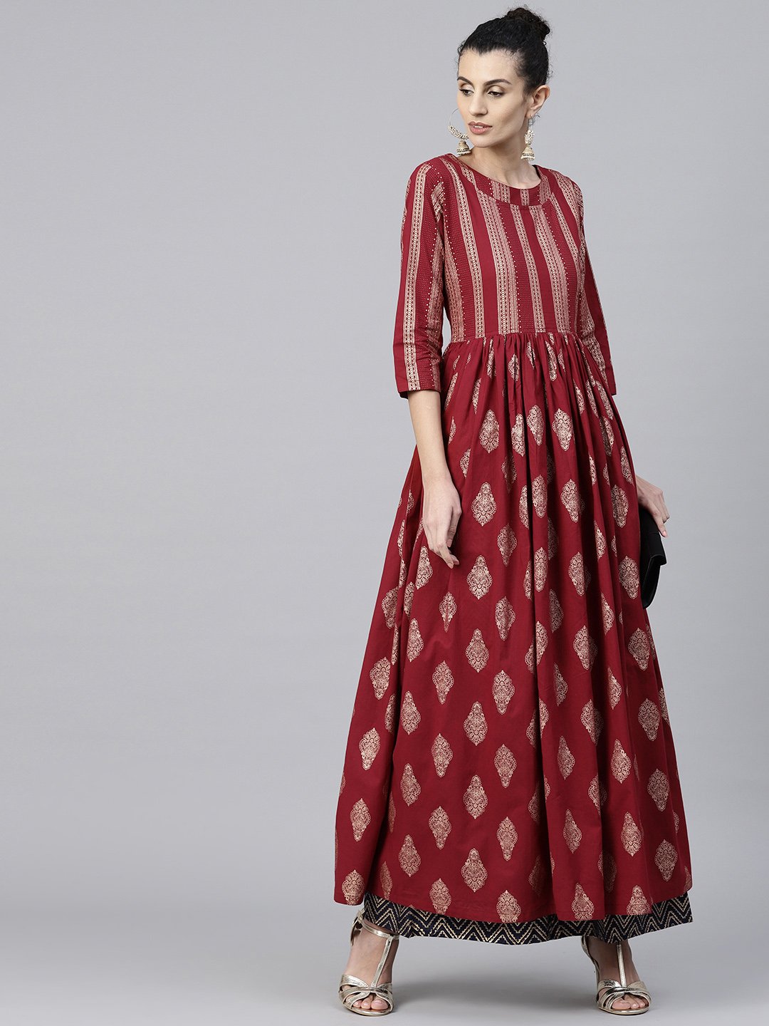 Red Printed 3/4Th Sleeve Cotton Floor Length Anarkali Kurta | LASVINI - Redefining Indian Fashion with Elegance