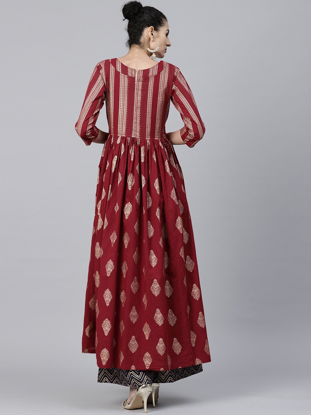 Red Printed 3/4Th Sleeve Cotton Floor Length Anarkali Kurta | LASVINI - Redefining Indian Fashion with Elegance