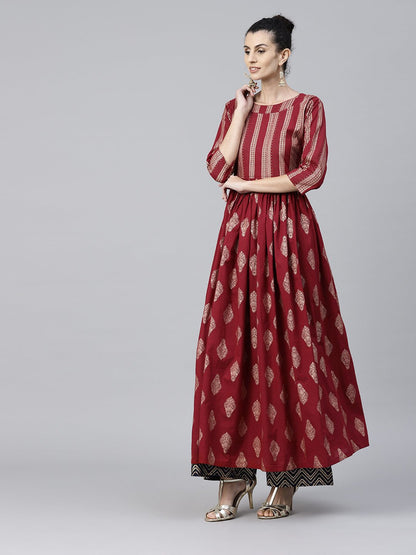 Red Printed 3/4Th Sleeve Cotton Floor Length Anarkali Kurta | LASVINI - Redefining Indian Fashion with Elegance