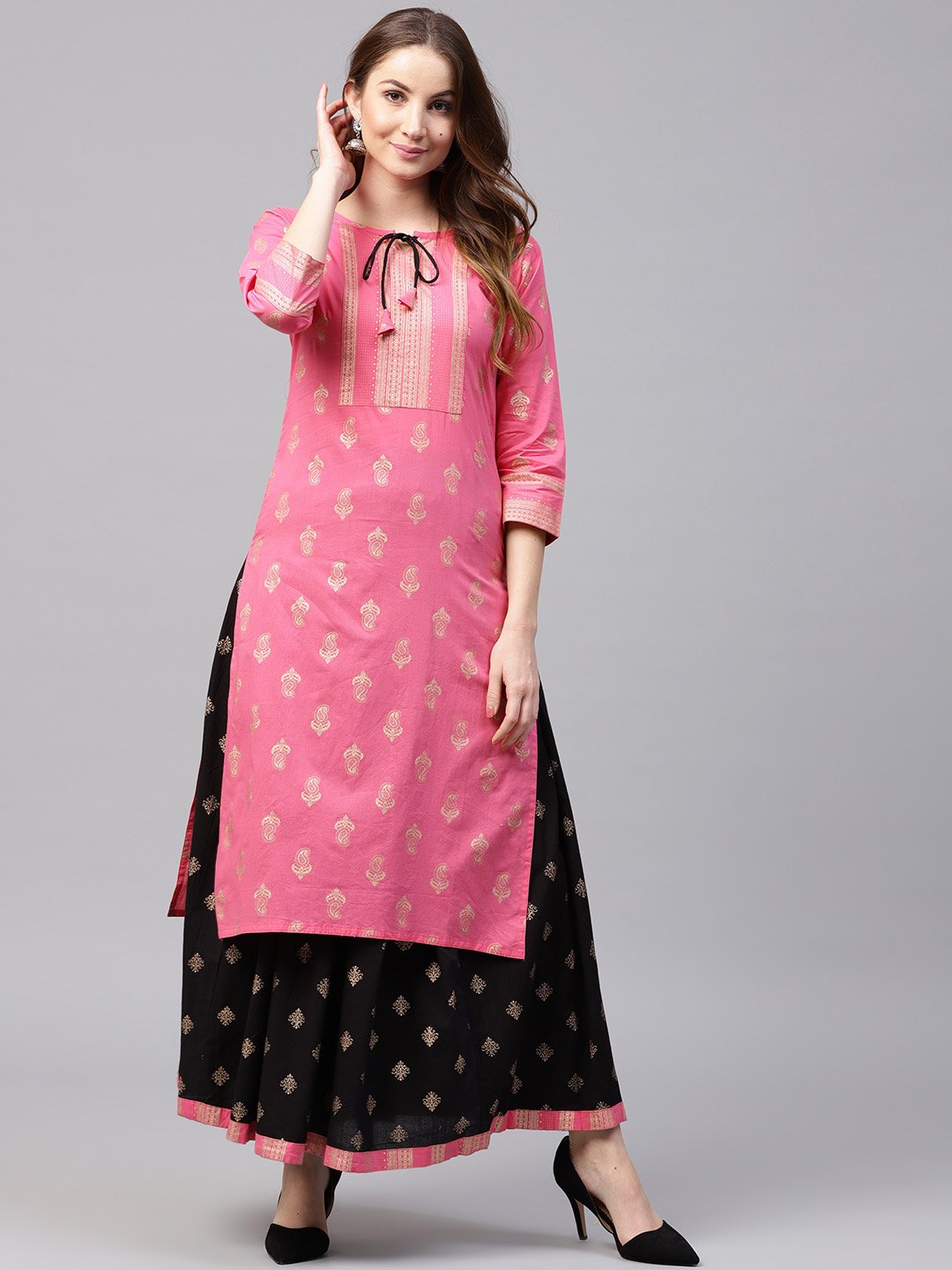 Pink Golden Print 3/4Th Sleeve Cotton Kurta With Black Printed Skirt | LASVINI - Redefining Indian Fashion with Elegance