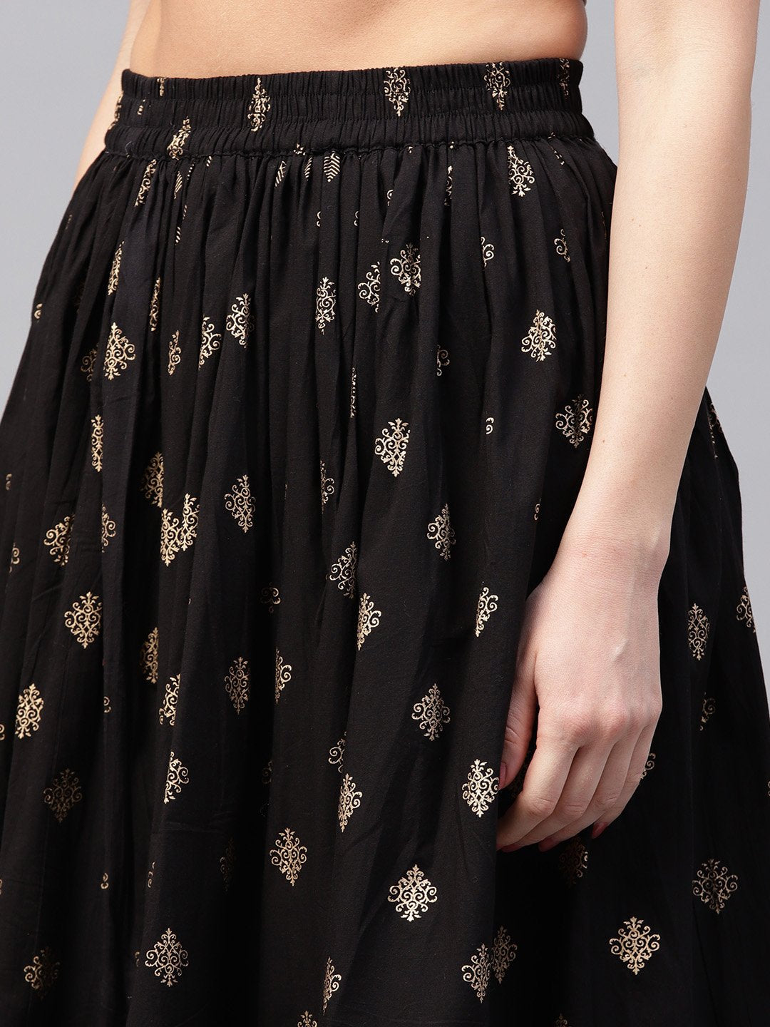 Pink Golden Print 3/4Th Sleeve Cotton Kurta With Black Printed Skirt | LASVINI - Redefining Indian Fashion with Elegance