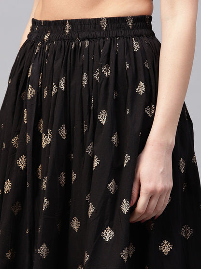 Pink Golden Print 3/4Th Sleeve Cotton Kurta With Black Printed Skirt | LASVINI - Redefining Indian Fashion with Elegance