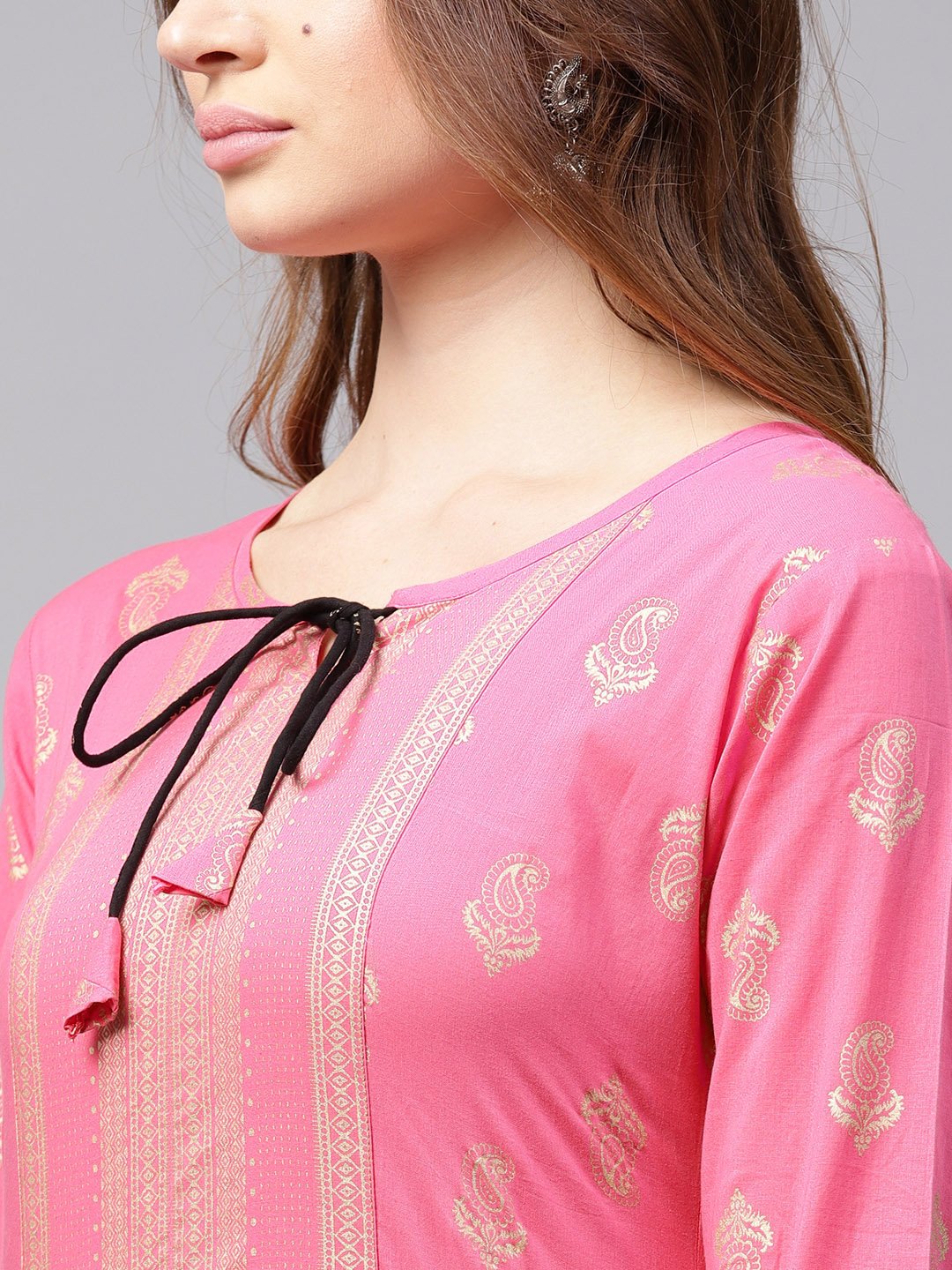 Pink Golden Print 3/4Th Sleeve Cotton Kurta With Black Printed Skirt | LASVINI - Redefining Indian Fashion with Elegance