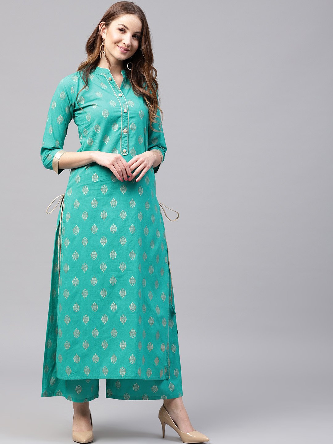 Green Printed 3/4Th Sleeve Cotton Kurta With Green Printed Ankle Length Palazzo | LASVINI - Redefining Indian Fashion with Elegance