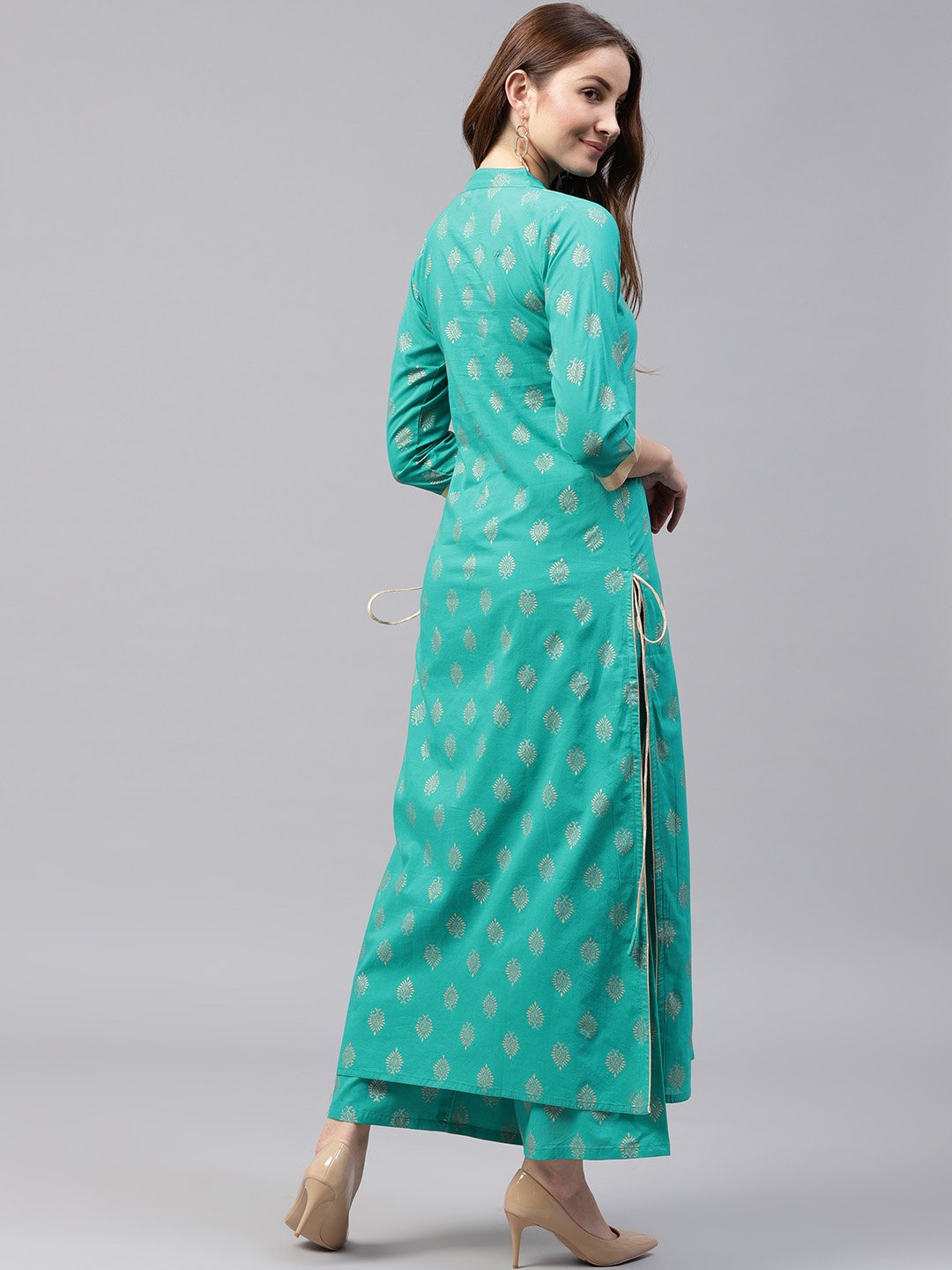 Green Printed 3/4Th Sleeve Cotton Kurta With Green Printed Ankle Length Palazzo | LASVINI - Redefining Indian Fashion with Elegance