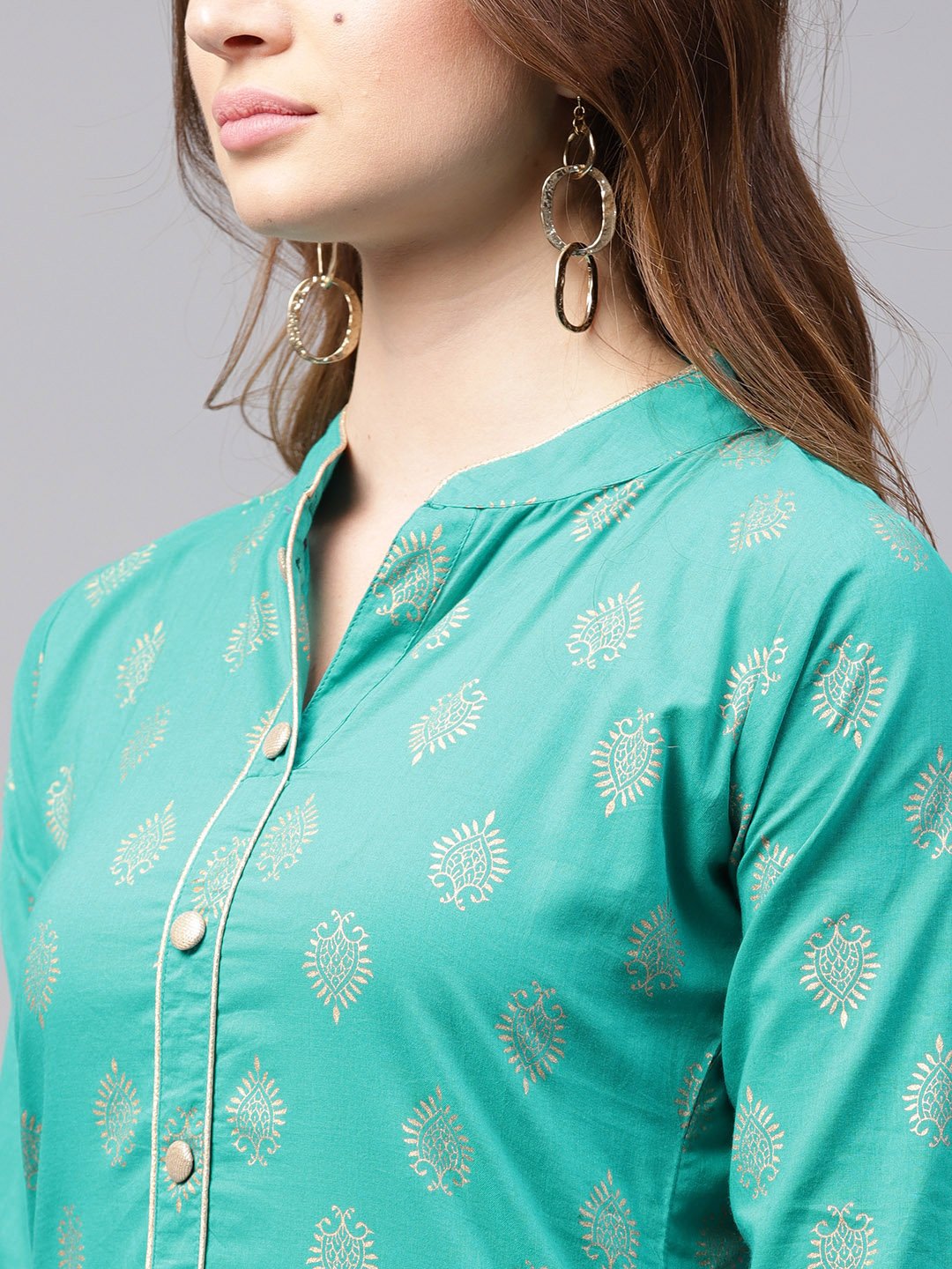 Green Printed 3/4Th Sleeve Cotton Kurta With Green Printed Ankle Length Palazzo | LASVINI - Redefining Indian Fashion with Elegance