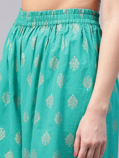 Green Printed 3/4Th Sleeve Cotton Kurta With Green Printed Ankle Length Palazzo | LASVINI - Redefining Indian Fashion with Elegance