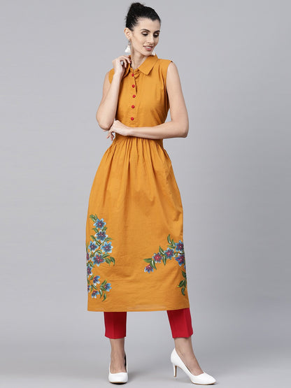 Mustard Block Printed Sleeveless Cotton Anarkali Kurta | LASVINI - Redefining Indian Fashion with Elegance