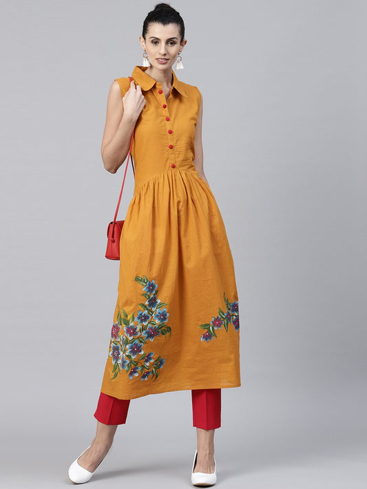 Mustard Block Printed Sleeveless Cotton Anarkali Kurta | LASVINI - Redefining Indian Fashion with Elegance
