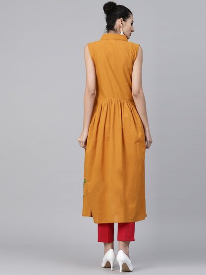 Mustard Block Printed Sleeveless Cotton Anarkali Kurta | LASVINI - Redefining Indian Fashion with Elegance