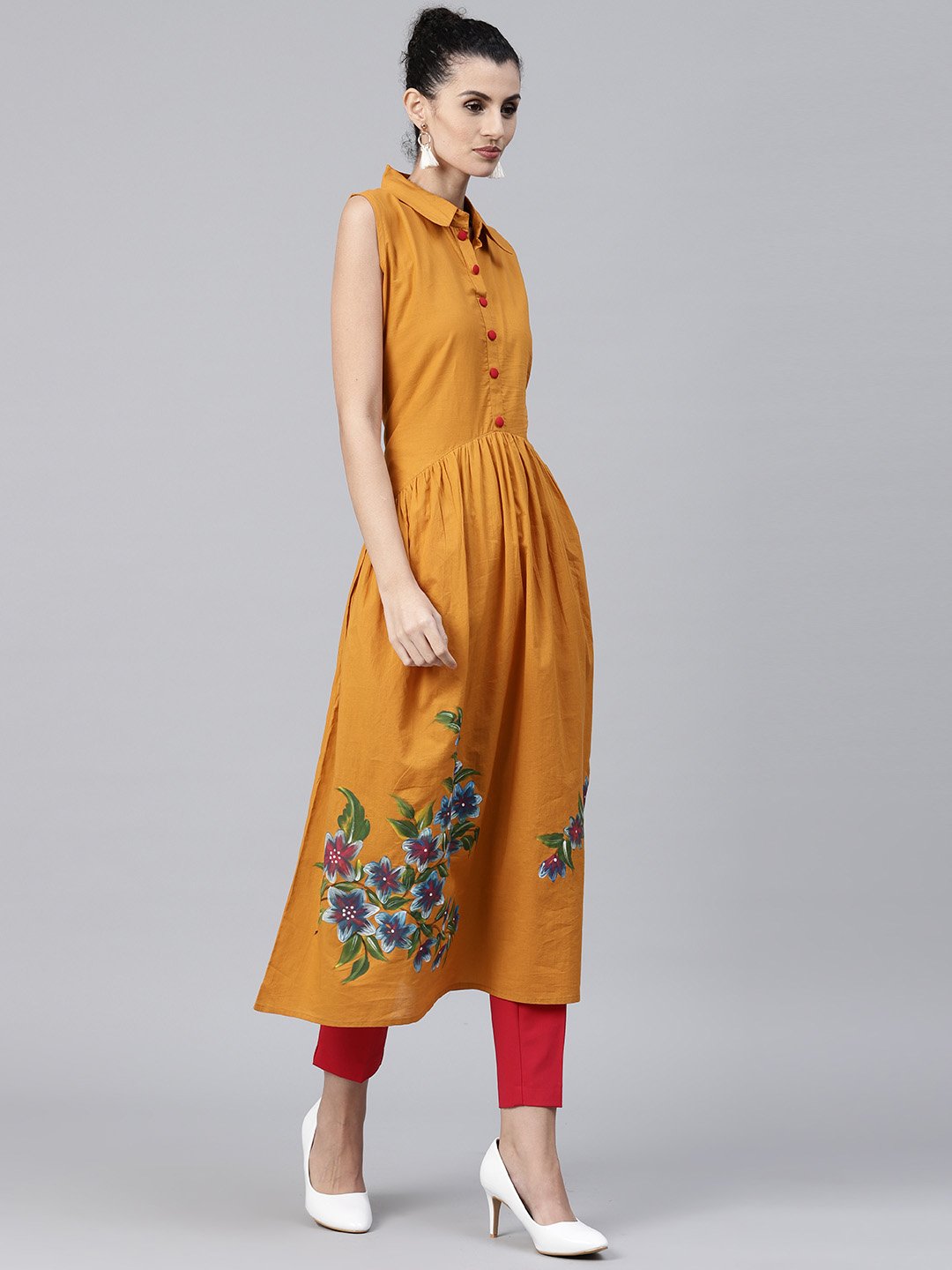 Mustard Block Printed Sleeveless Cotton Anarkali Kurta | LASVINI - Redefining Indian Fashion with Elegance