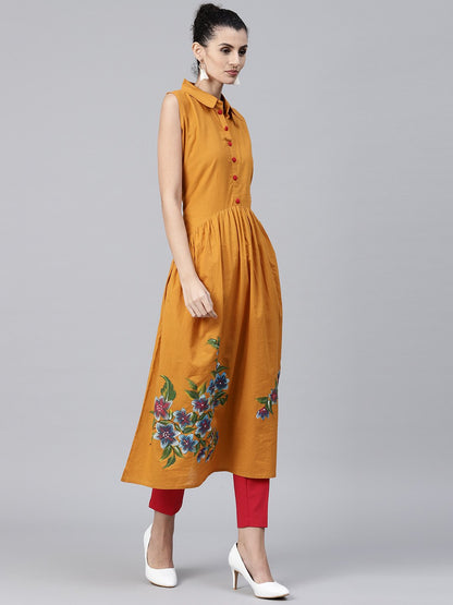 Mustard Block Printed Sleeveless Cotton Anarkali Kurta | LASVINI - Redefining Indian Fashion with Elegance