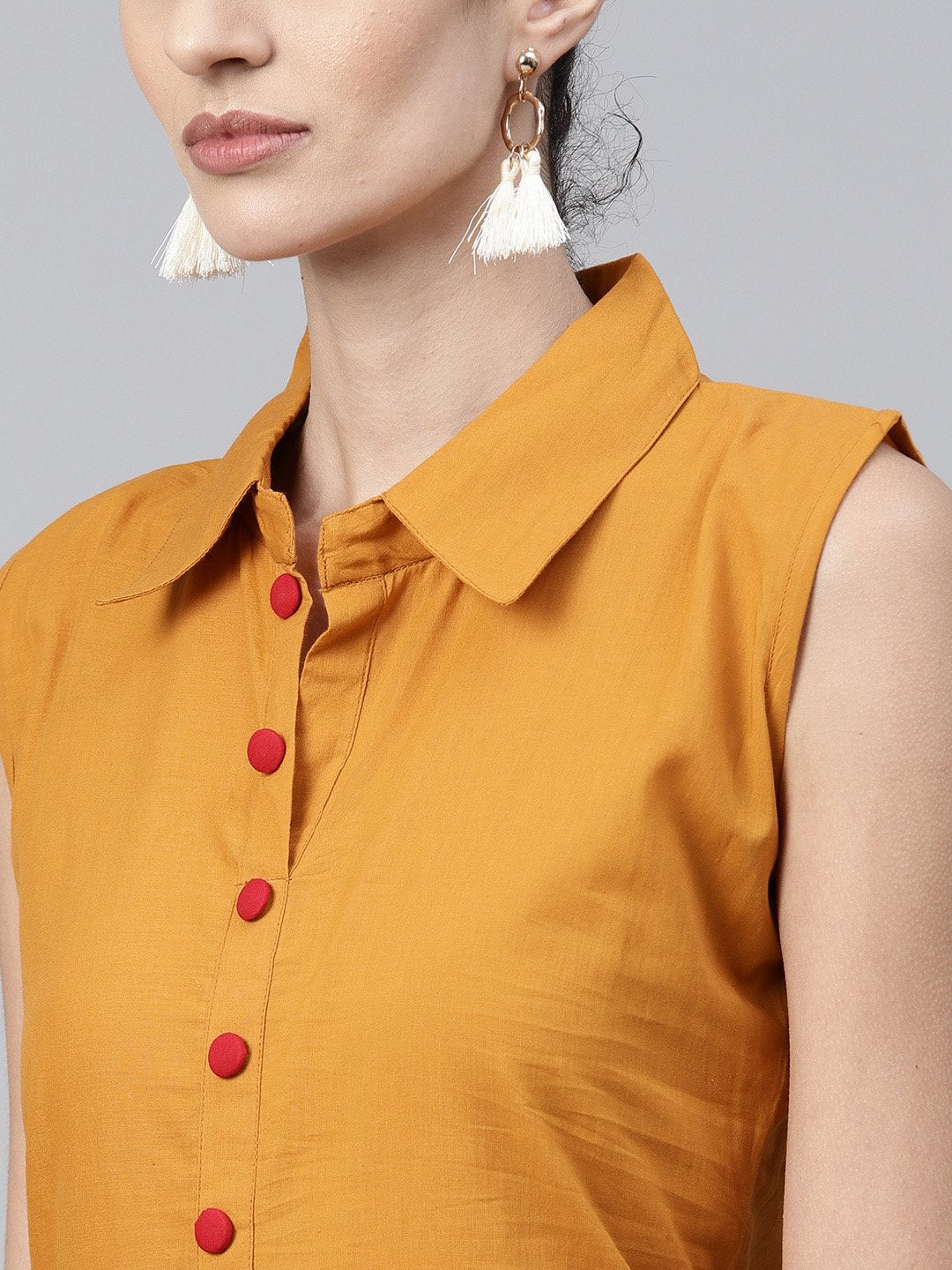 Mustard Block Printed Sleeveless Cotton Anarkali Kurta | LASVINI - Redefining Indian Fashion with Elegance