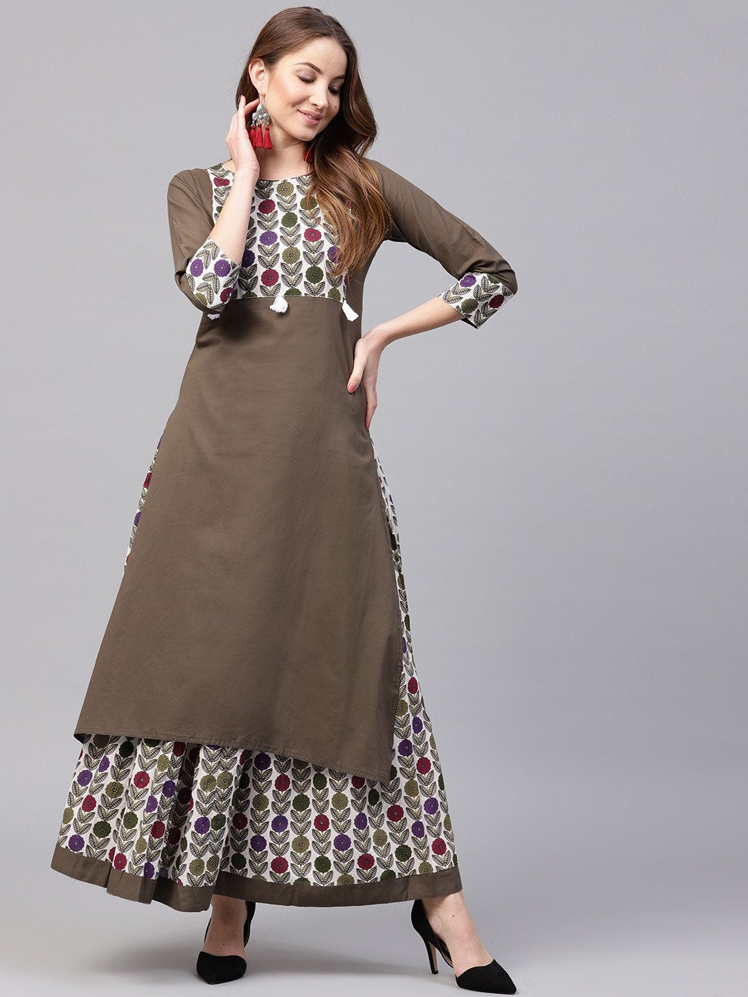 Grey 3/4Th Sleeve Cotton Kurta With Printed Ankle Length Palazzo | LASVINI - Redefining Indian Fashion with Elegance