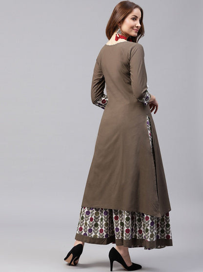 Grey 3/4Th Sleeve Cotton Kurta With Printed Ankle Length Palazzo | LASVINI - Redefining Indian Fashion with Elegance