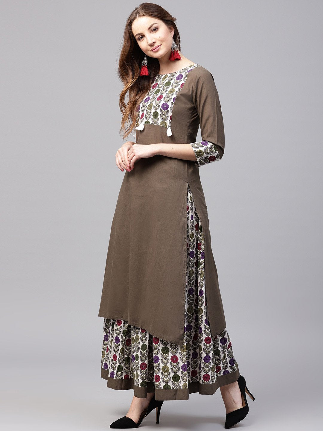 Grey 3/4Th Sleeve Cotton Kurta With Printed Ankle Length Palazzo | LASVINI - Redefining Indian Fashion with Elegance