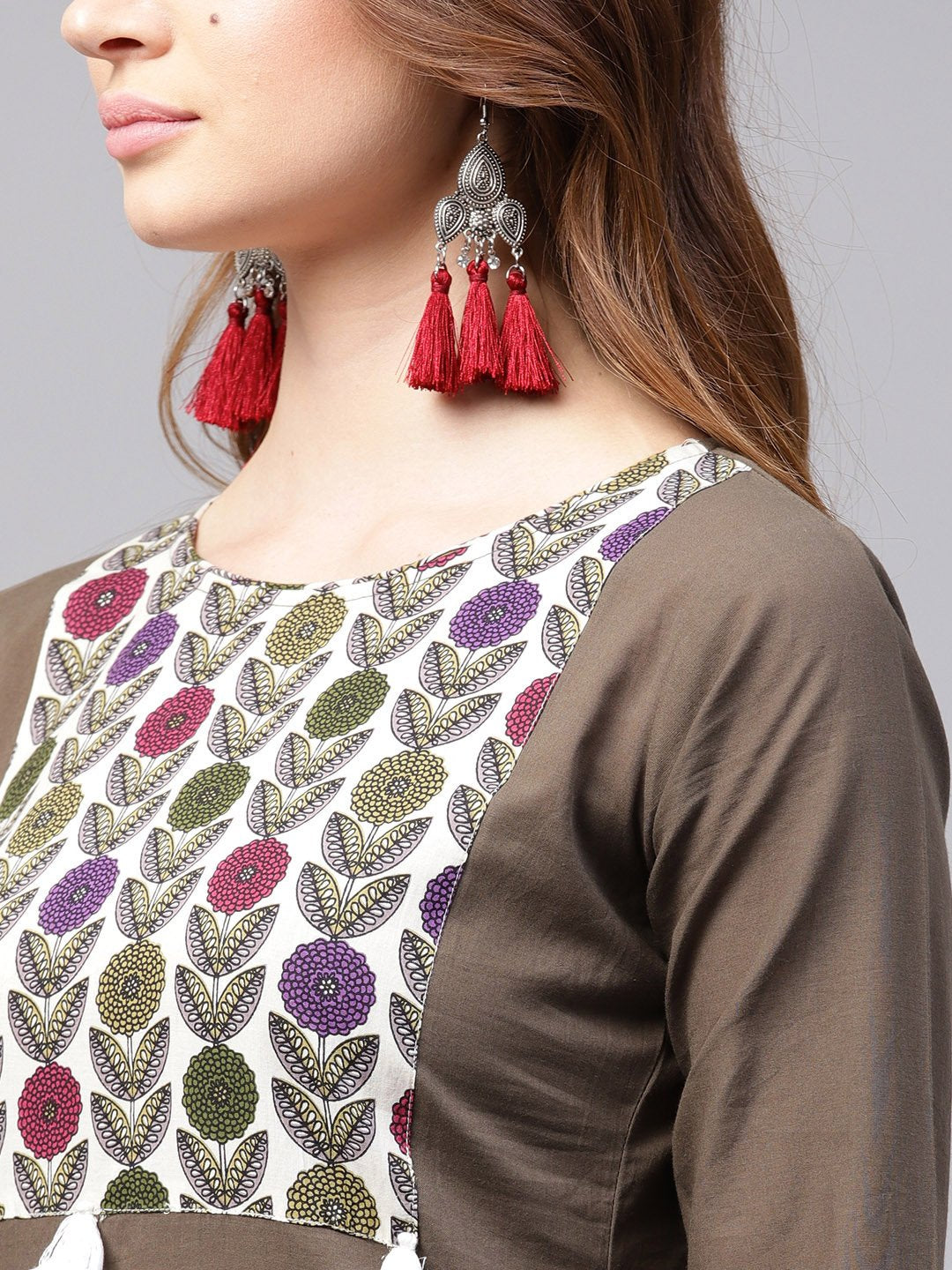 Grey 3/4Th Sleeve Cotton Kurta With Printed Ankle Length Palazzo | LASVINI - Redefining Indian Fashion with Elegance