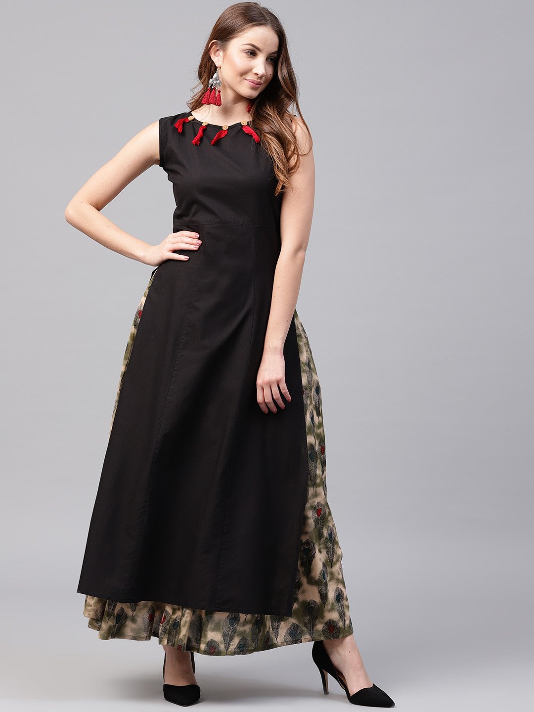 Black Sleeveless Cotton Kurta With Green Printed Flared Skirt | LASVINI - Redefining Indian Fashion with Elegance