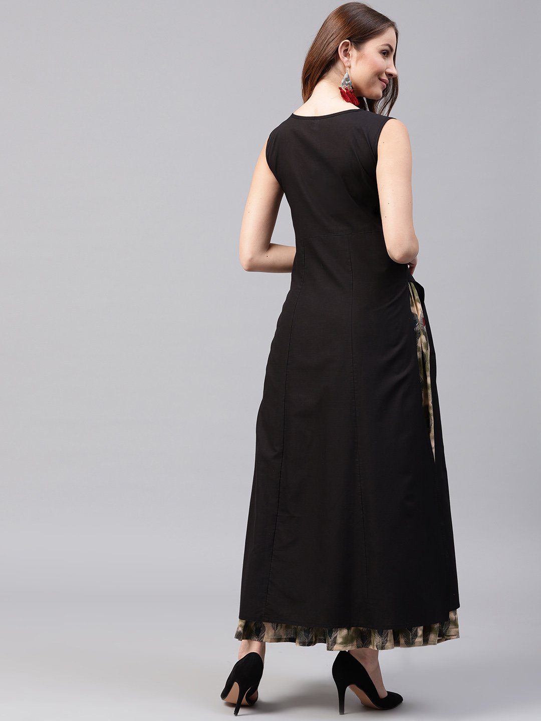 Black Sleeveless Cotton Kurta With Green Printed Flared Skirt | LASVINI - Redefining Indian Fashion with Elegance