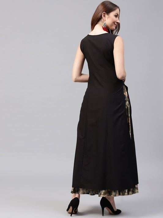Black Sleeveless Cotton Kurta With Green Printed Flared Skirt | LASVINI - Redefining Indian Fashion with Elegance