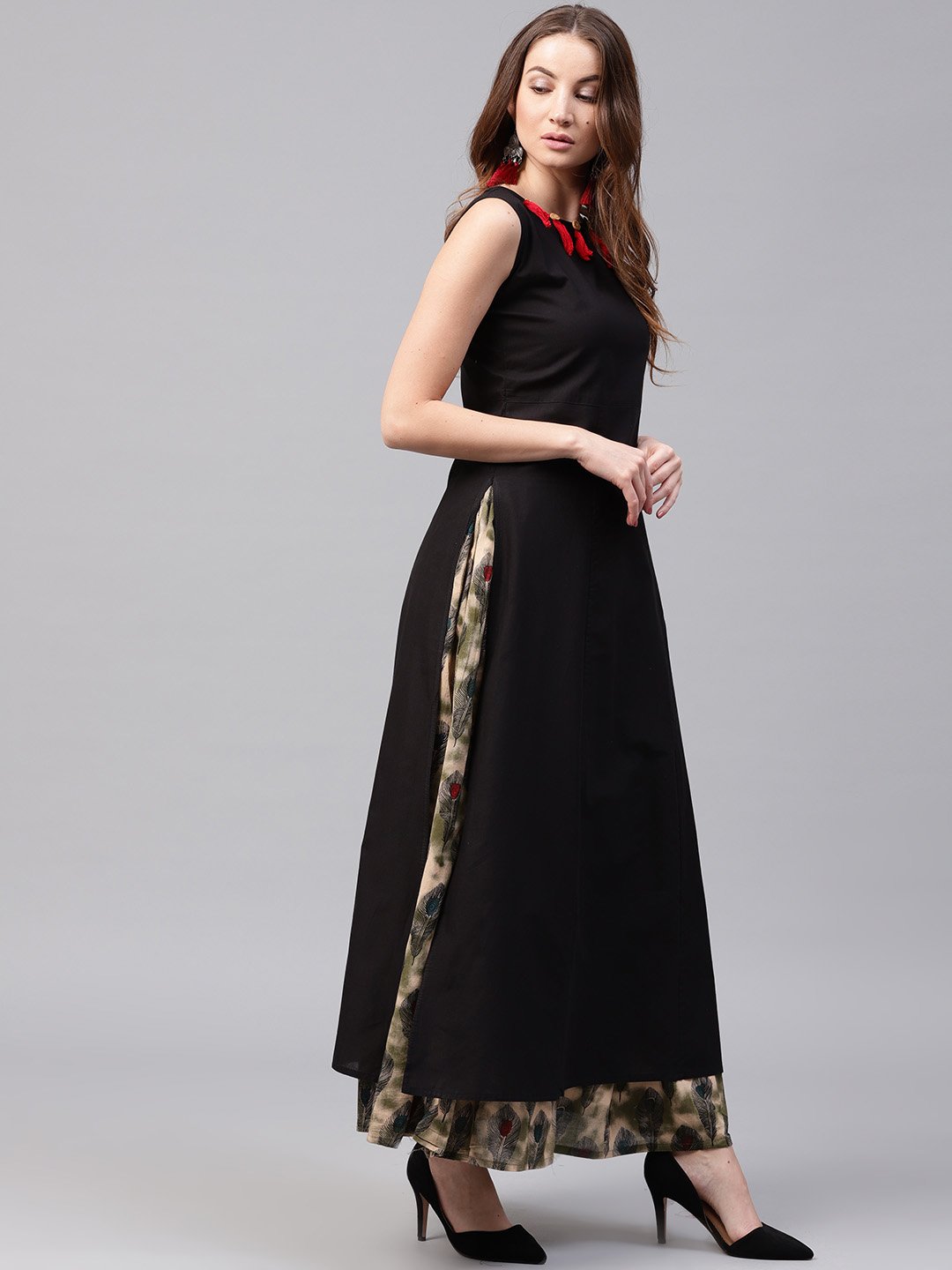 Black Sleeveless Cotton Kurta With Green Printed Flared Skirt | LASVINI - Redefining Indian Fashion with Elegance