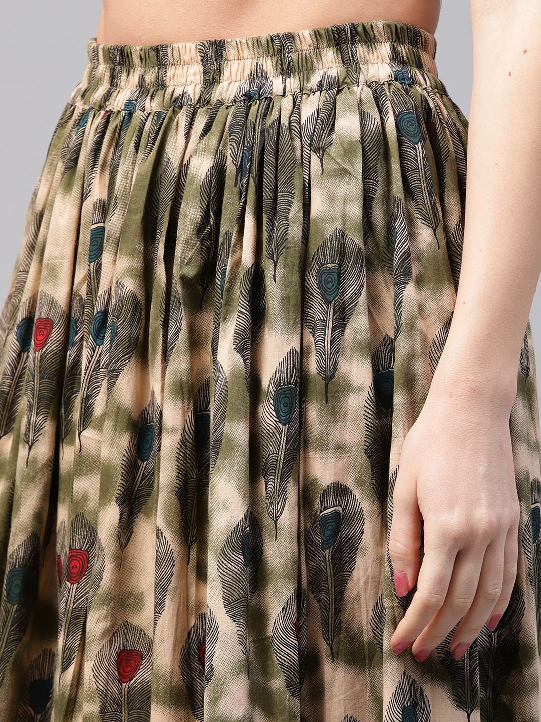 Black Sleeveless Cotton Kurta With Green Printed Flared Skirt | LASVINI - Redefining Indian Fashion with Elegance