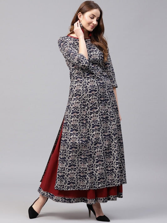 Blue Printed 3/4Th Sleeve Cotton Kurta With Red Flared Skirt | LASVINI - Redefining Indian Fashion with Elegance