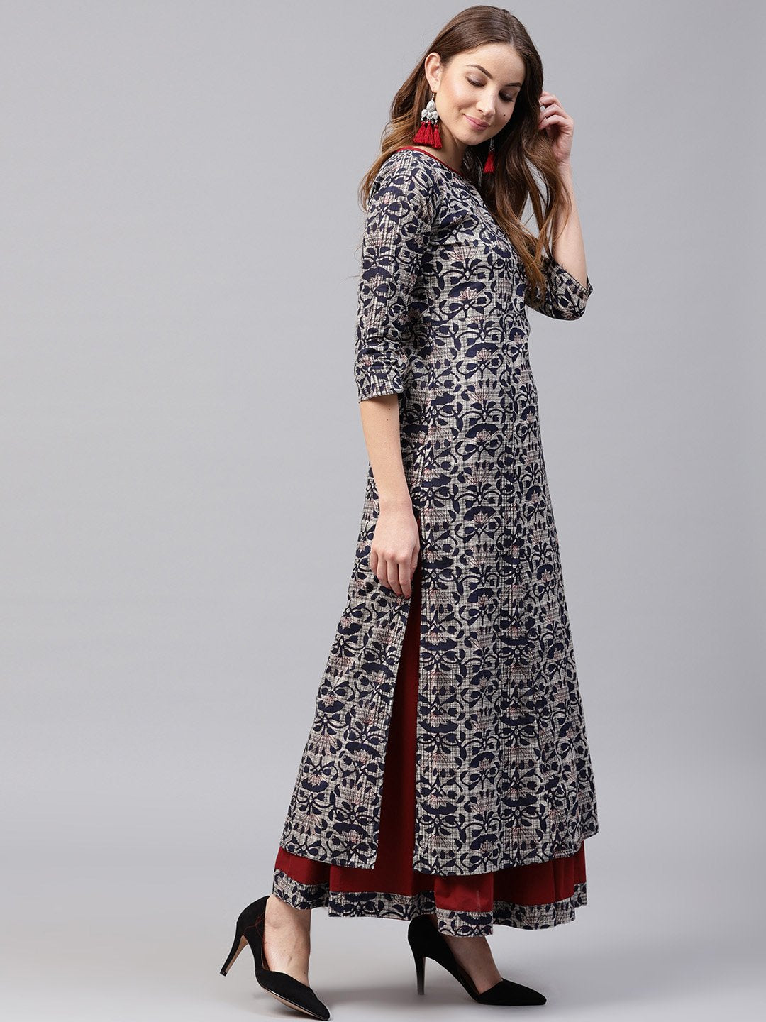 Blue Printed 3/4Th Sleeve Cotton Kurta With Red Flared Skirt | LASVINI - Redefining Indian Fashion with Elegance