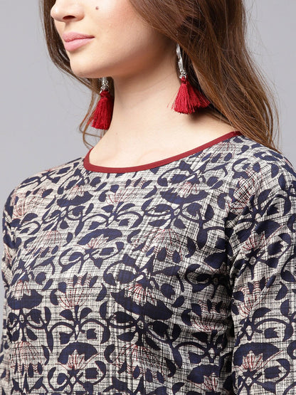 Blue Printed 3/4Th Sleeve Cotton Kurta With Red Flared Skirt | LASVINI - Redefining Indian Fashion with Elegance