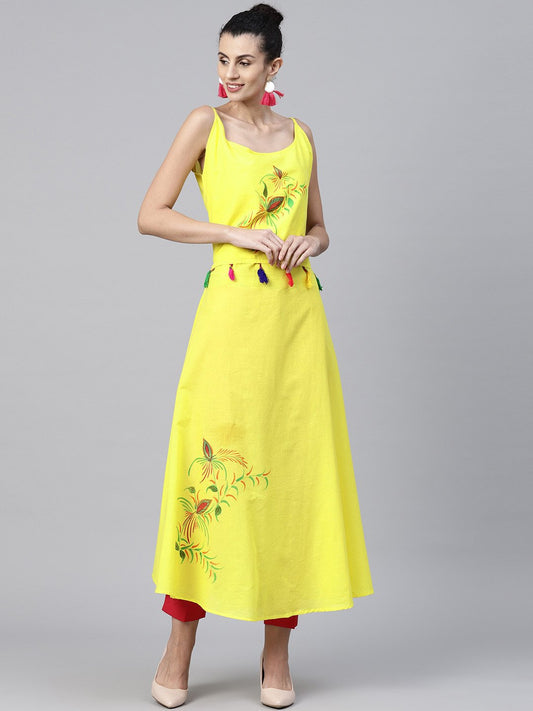 Yellow Block Printed Sleeveless Cotton Anarkali Kurta | LASVINI - Redefining Indian Fashion with Elegance