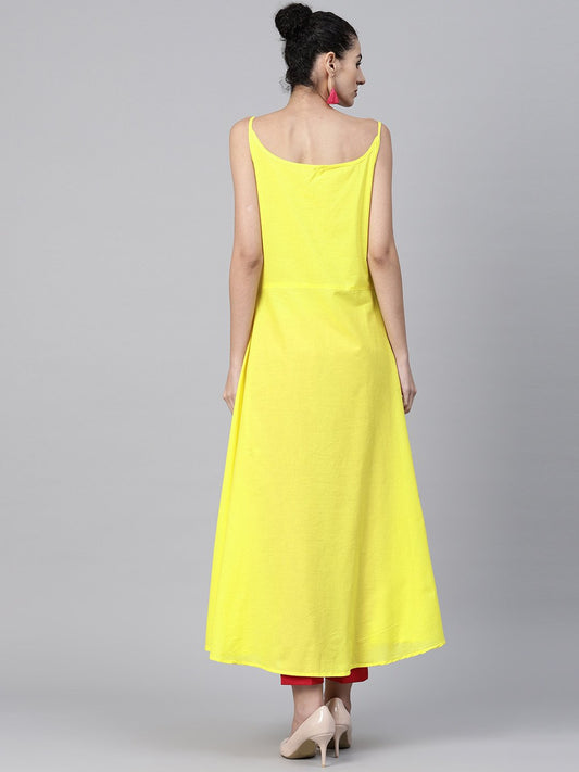 Yellow Block Printed Sleeveless Cotton Anarkali Kurta | LASVINI - Redefining Indian Fashion with Elegance